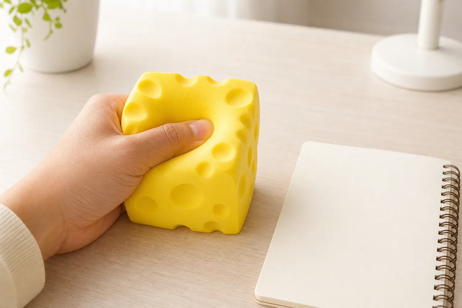 Desk Squeeze for Tactile Stress Relief Adult hand squeezing a cheese-shaped slow-rebound stress relief toy beside a notebook