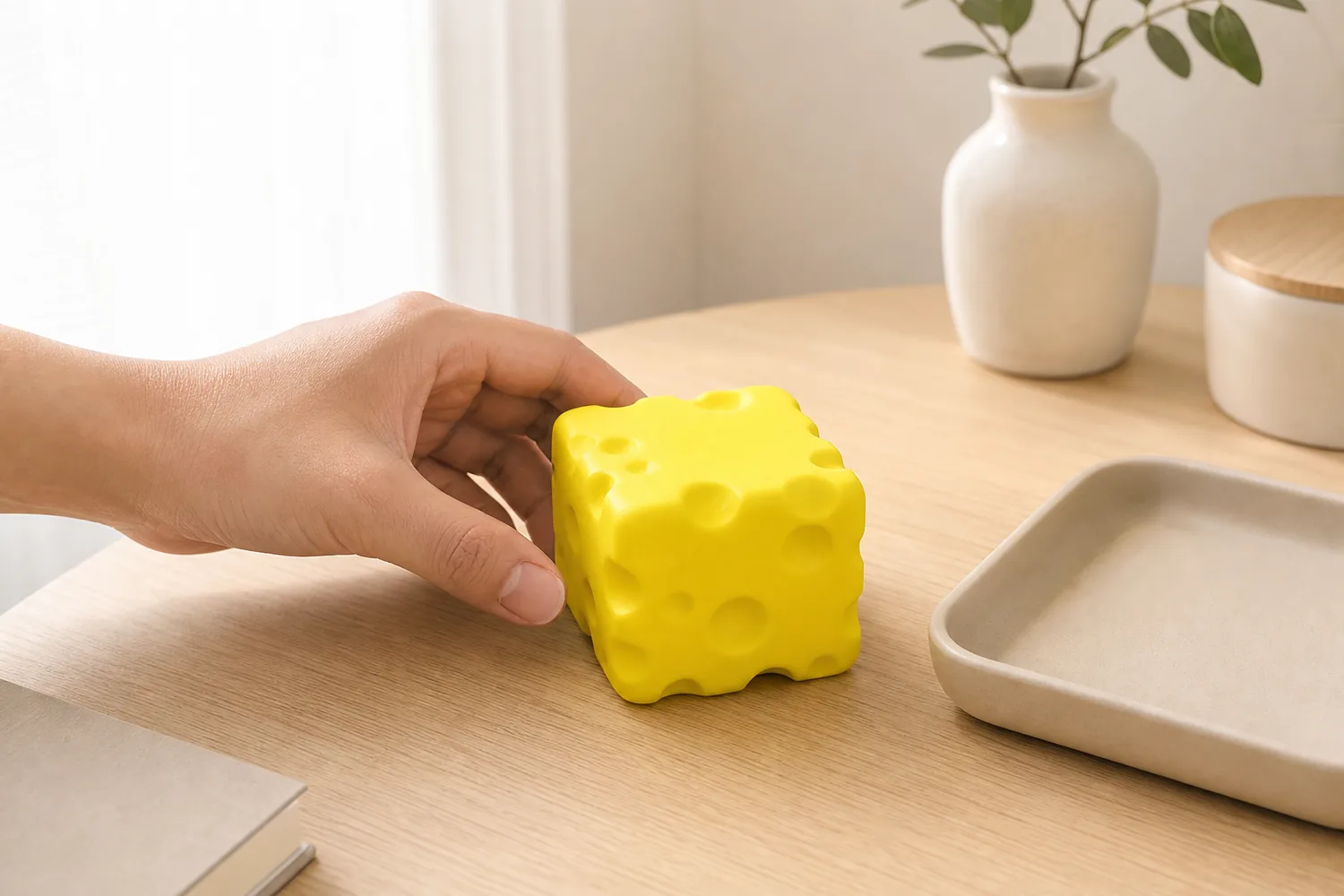 Cheese-Inspired Desk Accessory Adult hand placing a bright cheese-shaped stress relief toy on a tidy desk