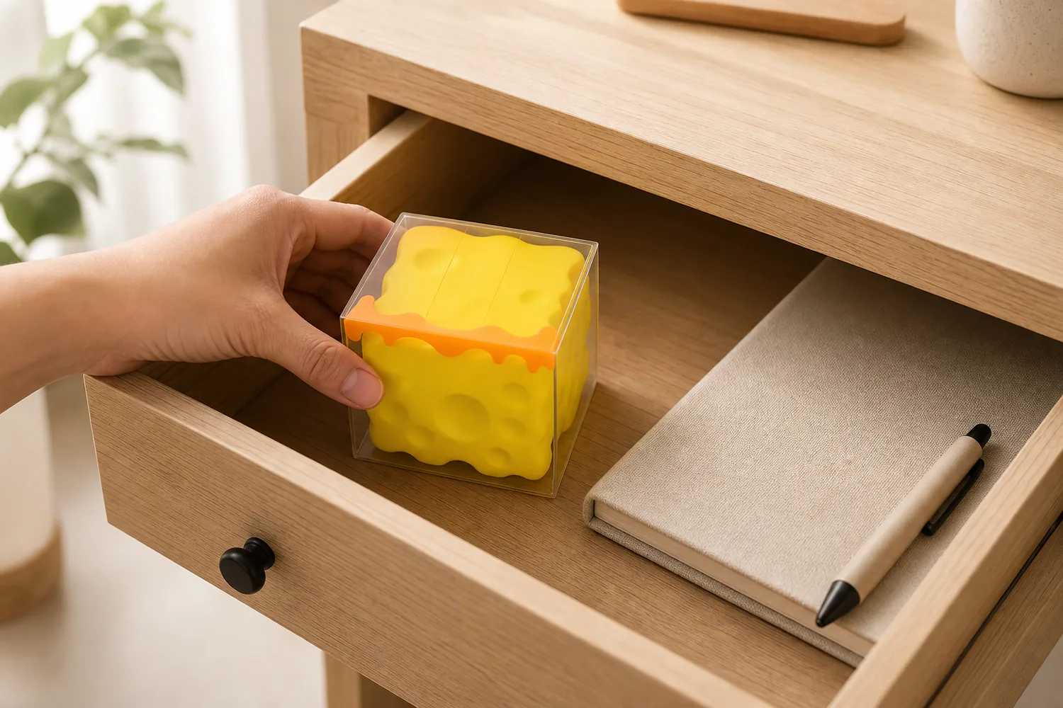 Cheese-Shaped Stress Relief Toy in Desk Drawer Hand placing a cheese-shaped stress relief squeeze toy into a tidy desk drawer
